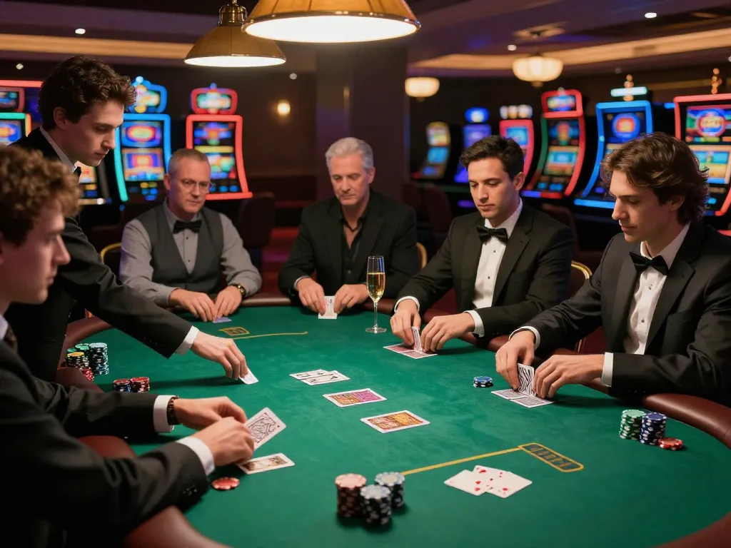 Engaged players strategizing a high-stakes poker game at a luxurious casino table on dinamit4d.