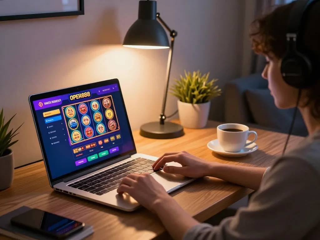Engaged player enjoying open888 slots casino gameplay on laptop in cozy home setting