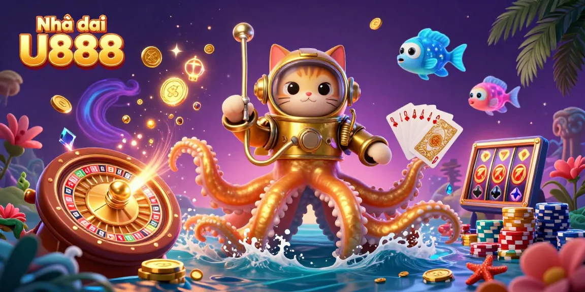 Experience thrilling adventures with Nhà cái U888 in this vibrant 3D casino illustration.
