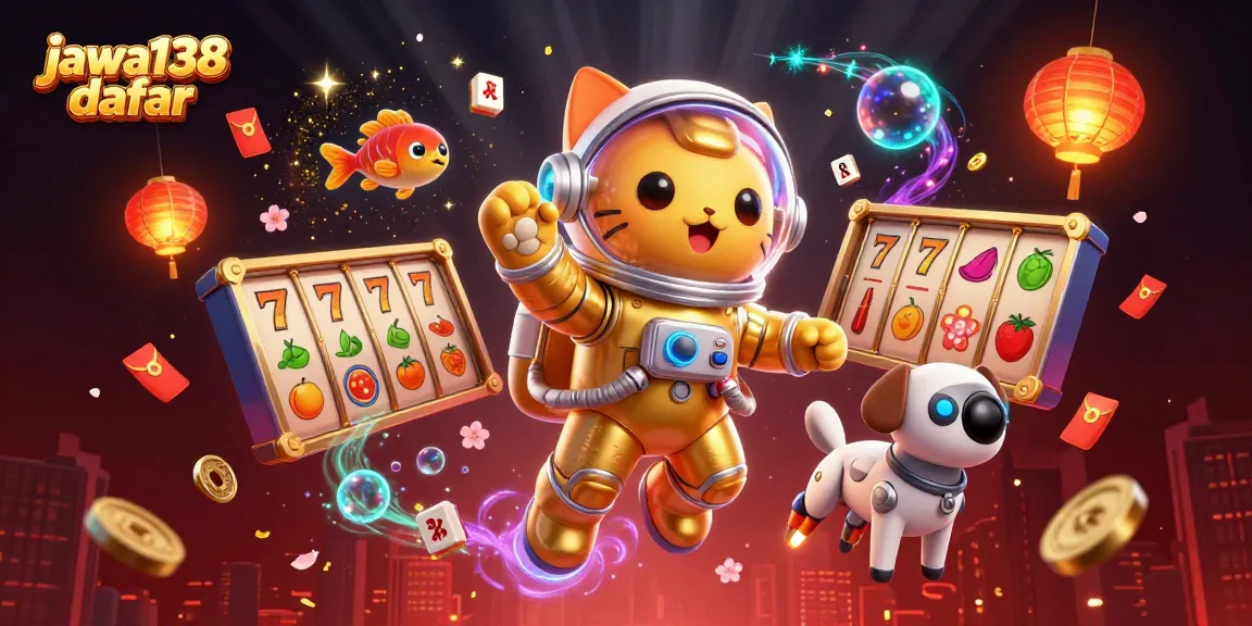 jawa138 daftar menampilkan ilustrasi luar angkasa dengan karakter kucing astronot dan elemen kasino yang kaya