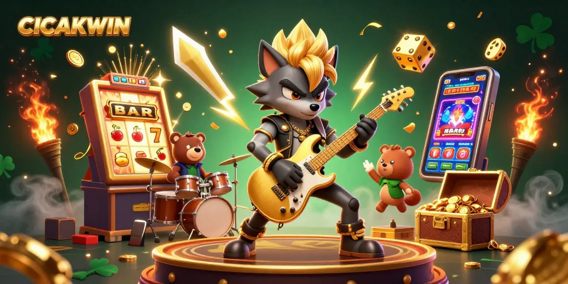 CICAKWIN casino experience with wolf guitarist and drummer bear amidst dynamic slot game excitement
