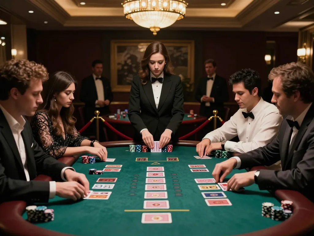 Players focusing intently on a blackjack game at a luxury casino showcasing UGDEWA strategic gameplay