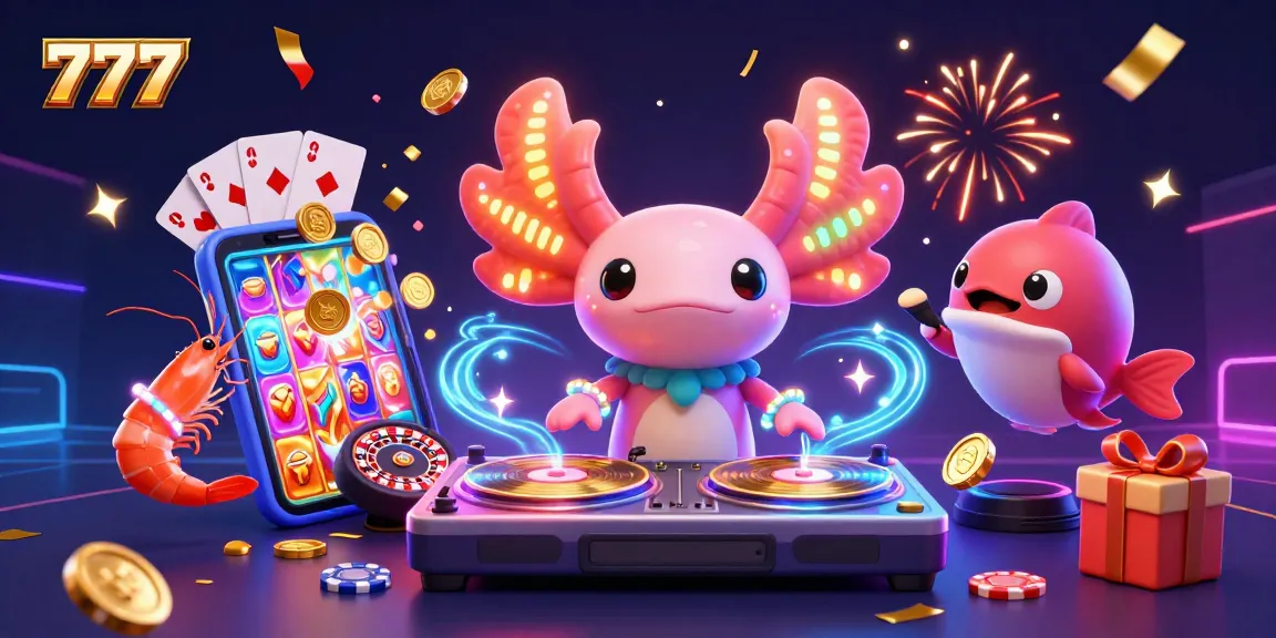Experience the excitement of 777 slots with vibrant characters and casino game elements in a festive scene.