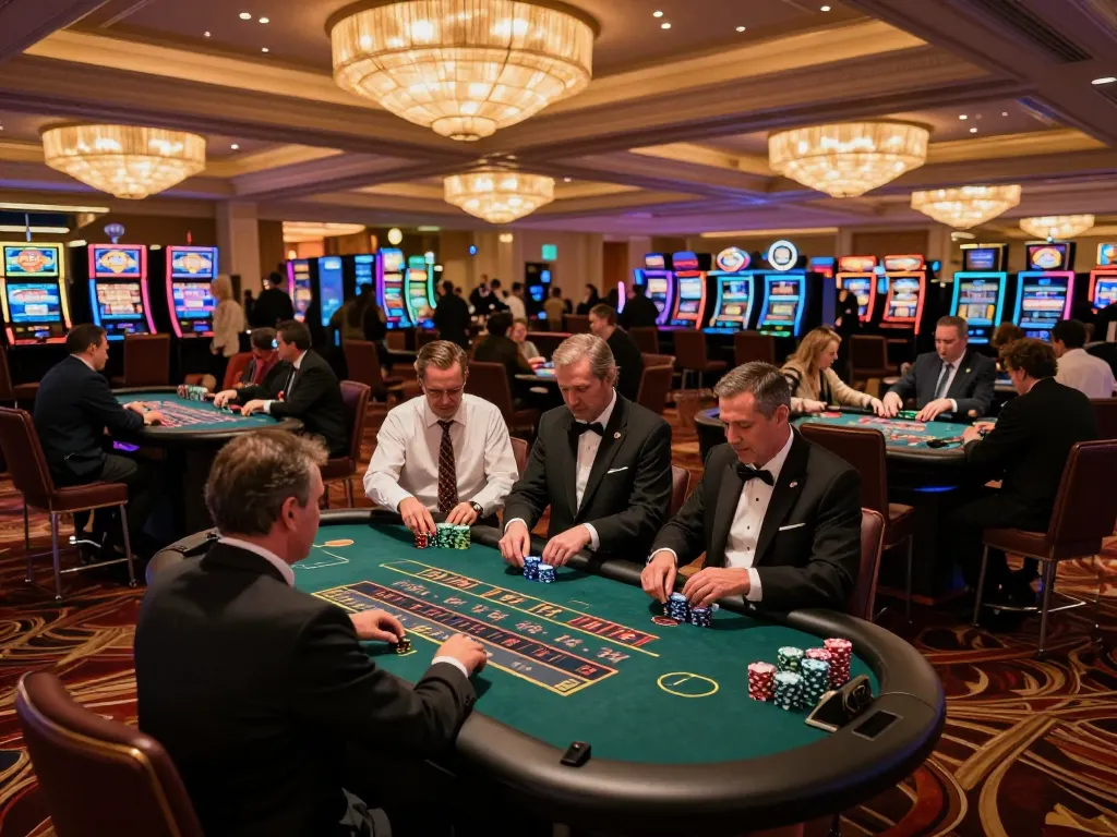 G28 game strategy in action at a lively blackjack table in a Las Vegas casino, showcasing players engaged in the game.