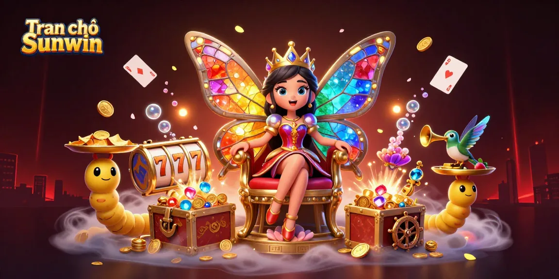 Engage in the immersive world of Tran chủ Sunwin, featuring a vibrant illustration of a butterfly queen, gaming elements, and colorful gems.