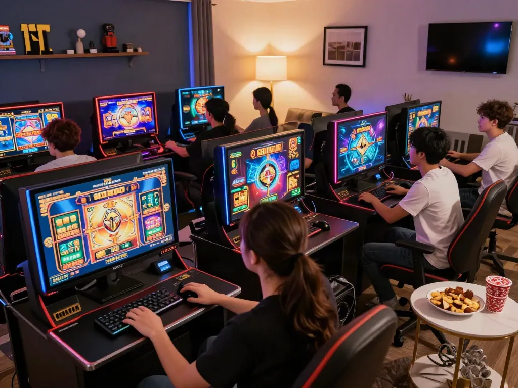 Players enjoying slot resmi at SLOT888, experiencing vibrant graphics and seamless gameplay in a cozy setting.
