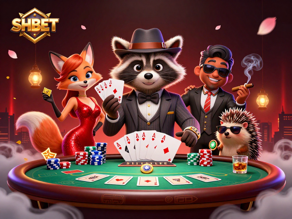 Join SHBET for thrilling poker action with a charming raccoon, fox, and hedgehog in a lively casino