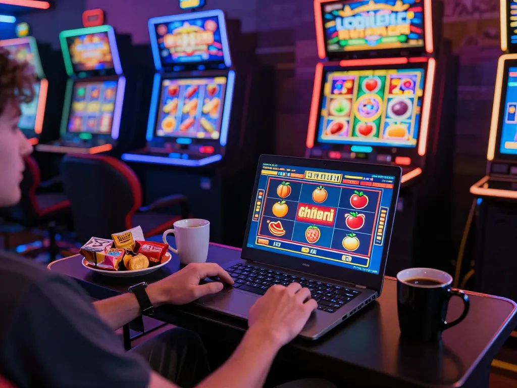 Orang yang terlibat dalam sesi permainan online yang menarik dengan slot gacor hari ini di laptop berteknologi tinggi dikelilingi oleh mesin virtual berwarna-warni.