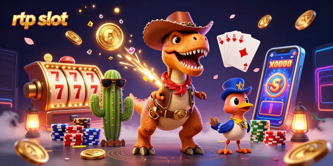 Experience rtp slot excitement with a vibrant scene of cowboy dinosaur, lucky sevens, and casino elements.