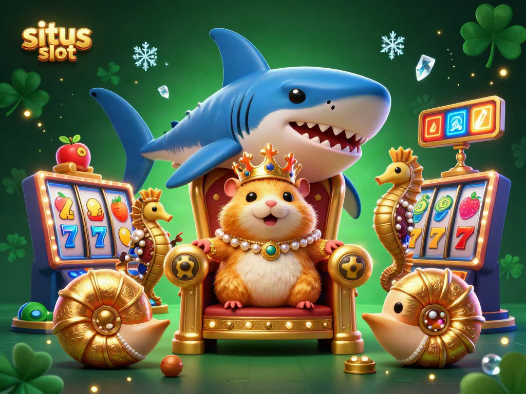 Ilustrasi kasino menarik tentang situs slot dengan raja hamster dan mesin slot.