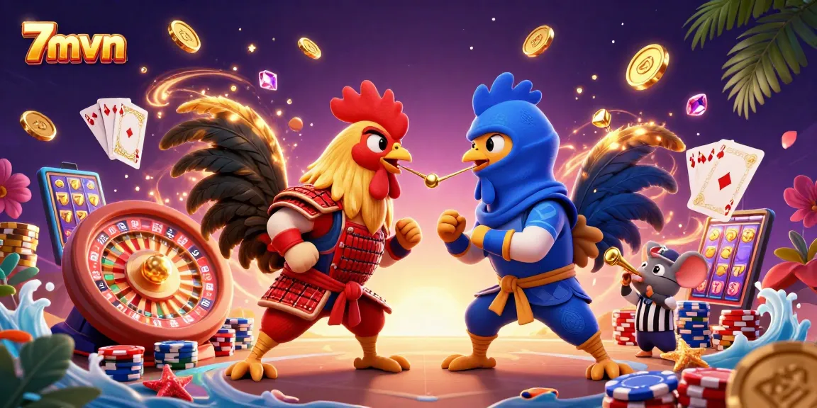 Experience thrilling action with 7mvn's cartoon fighting roosters in a dynamic casino scene.