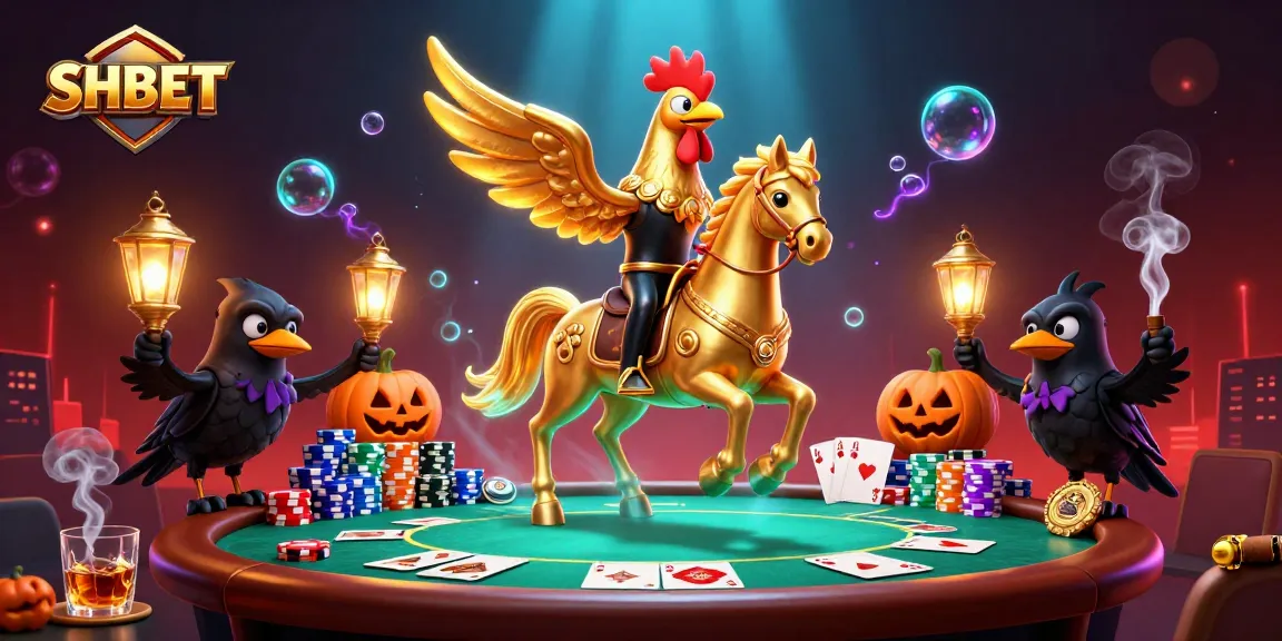 Experience the thrilling SHBET casino scene with a golden rooster and poker elements.