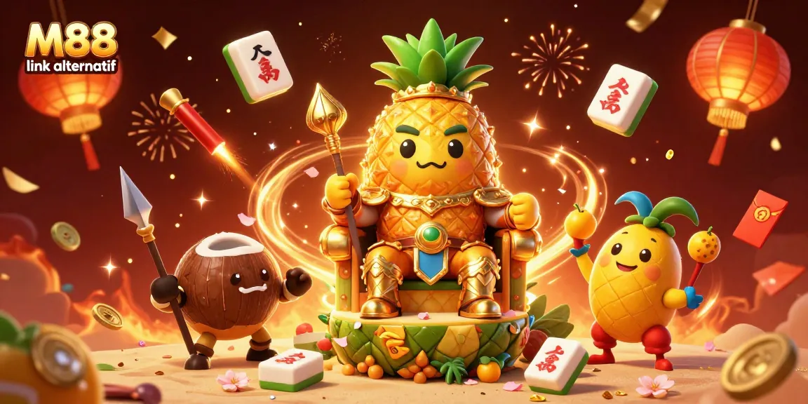 Engage with the M88 link alternatif featuring a vibrant scene of a golden pineapple king and festive casino elements.