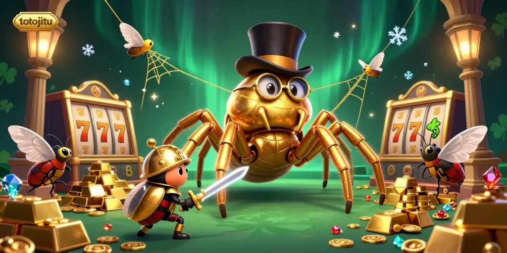 Engage with the totojitu casino adventure, featuring a golden tarantula and a knight amidst treasures.