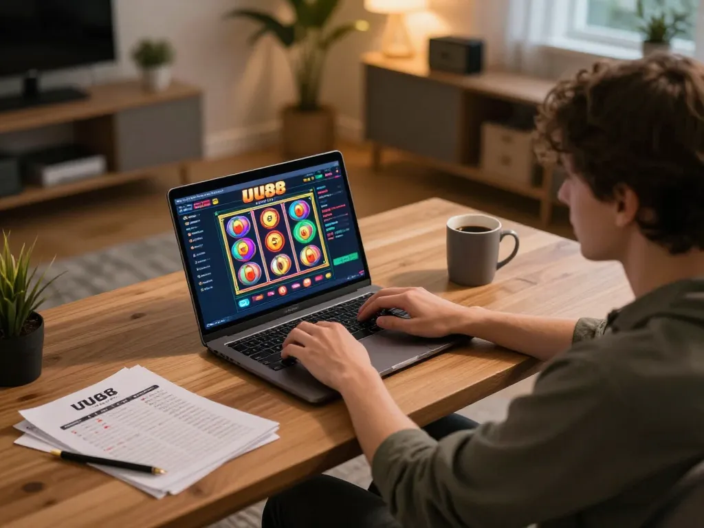 Engaging in online gaming at UU88, showcasing a dynamic setting with slot reels and betting notes