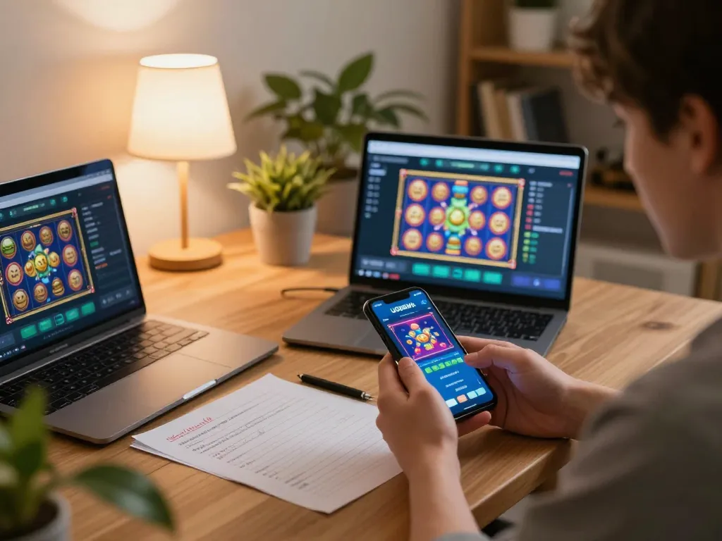 Player using UGDEWA app for mobile gambling in a cozy living room, showcasing responsible gaming.