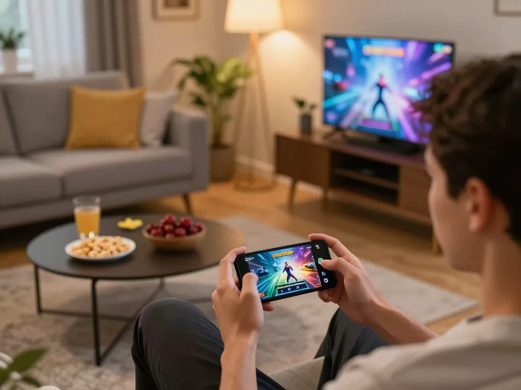 Player engaging with Jili games on smartphone in cozy home setting, showcasing a responsible gaming atmosphere
