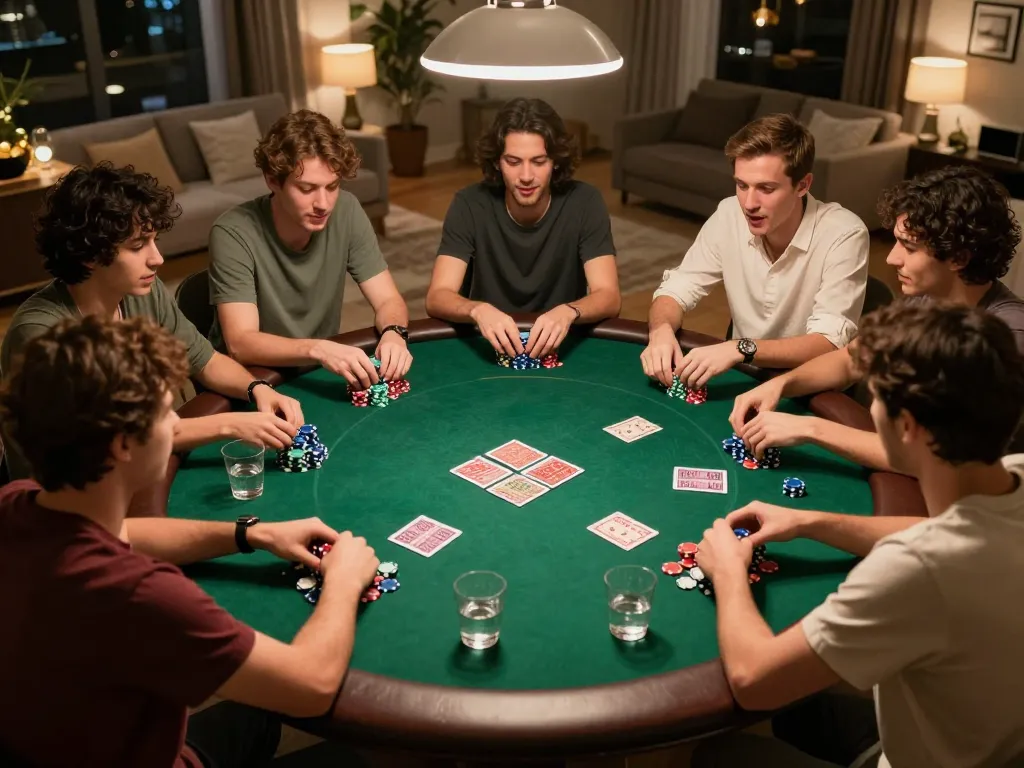 Players strategizing during a poker game at home, showcasing sc88seo gaming ambiance and excitement.