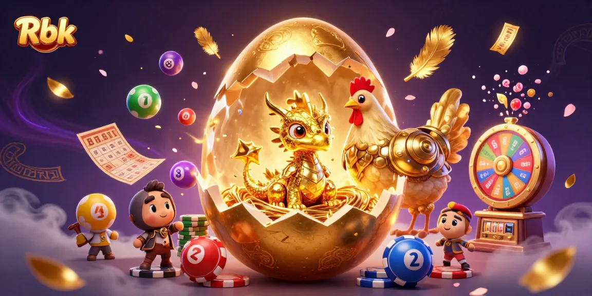 Rbk showcases a golden dragon with poker chips, surrounded by vibrant lottery elements.
