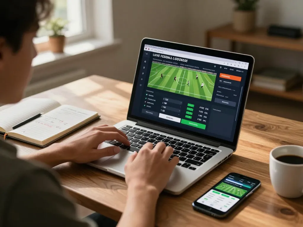 Soi Kèo user placing bets online with laptop and smartphone in a cozy home setting.
