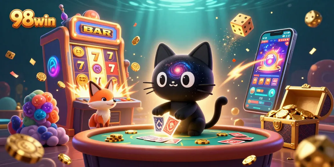 Experience thrilling wins at 98win's cosmic casino table with vibrant characters and dynamic game elements.