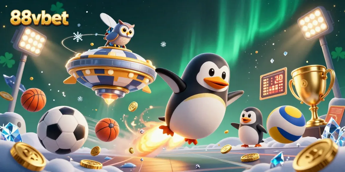Experience thrilling gameplay at 88vbet with our golden penguin spaceship racing towards a vibrant casino.
