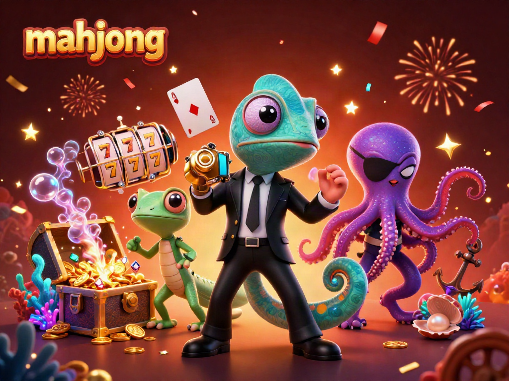 Menangkan permainan mahjong dengan chameleon agen rahasia dan teman gurita sambil merayakan dengan koin emas.