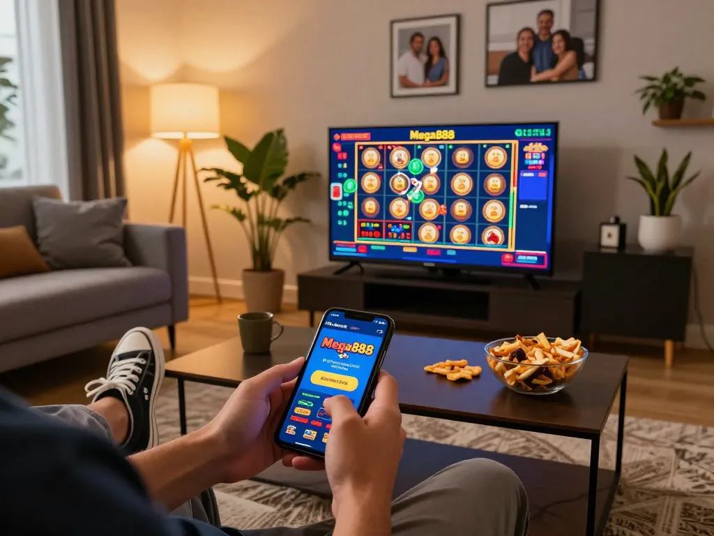 Player using smartphone to engage with Mega888, showcasing online gambling excitement and user-friendly interface.