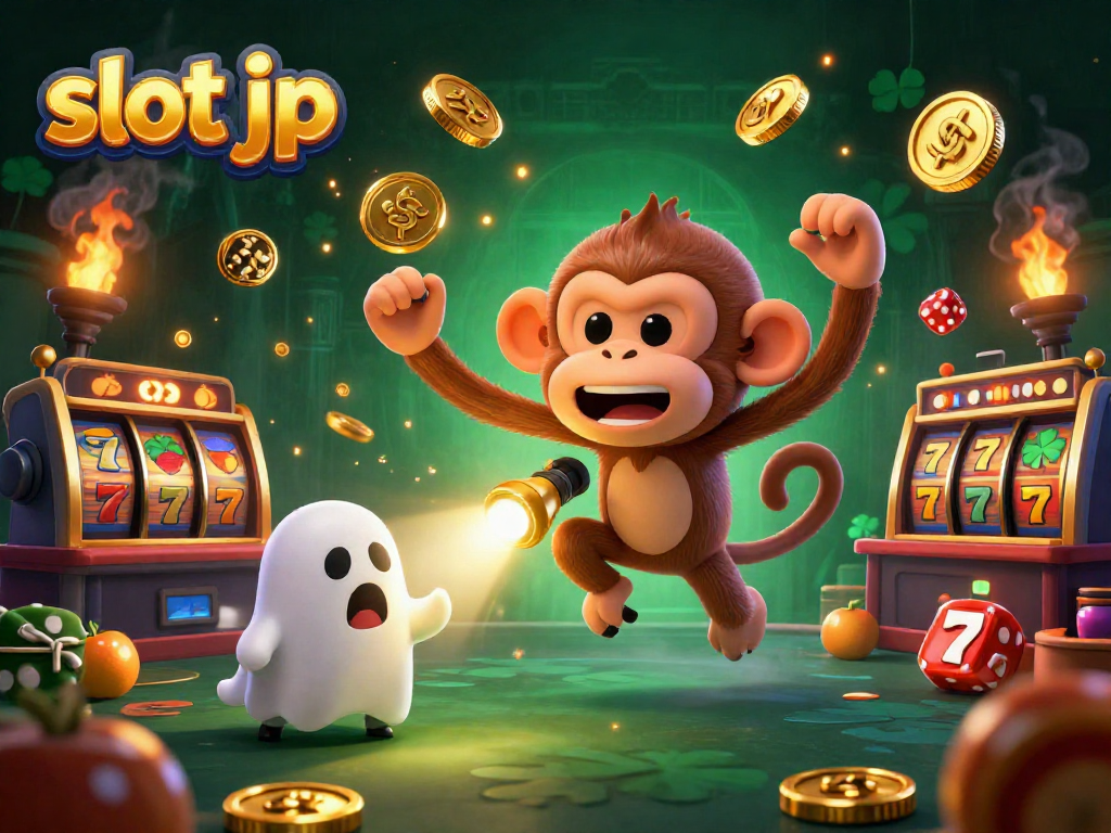 Engage with thrilling slot jp gaming animations featuring a playful monkey and a curious puppy in a haunted casino scene.