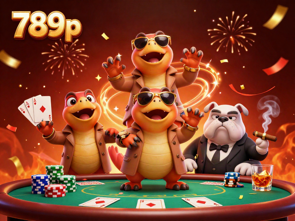 Raptors in disguise entering a VIP lounge at 789p casino showcasing large poker props and festive elements.