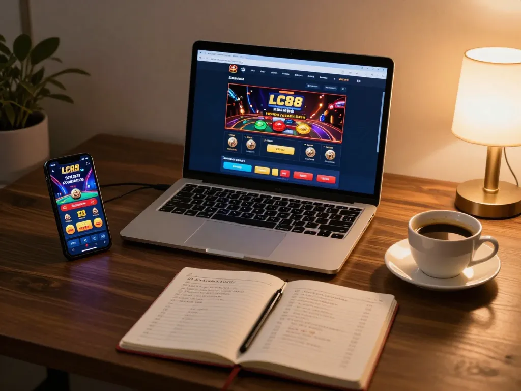 Engaged player reviewing betting strategies while using LC88 online casino setup
