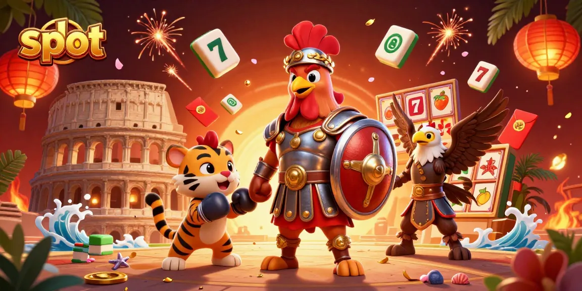 Slot memicu kegembiraan dengan ayam jantan bersenjata dan simbol kemenangan lainnya.