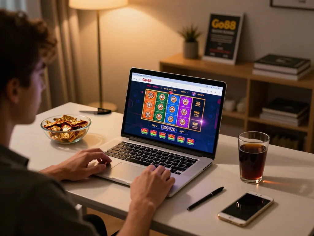 Engaging online gaming experience on Go88 with a laptop displaying colorful slots in a cozy home setting.
