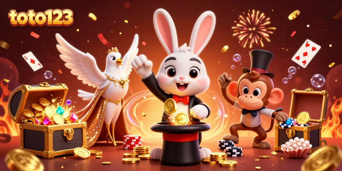 Watch the magical action of toto123 with a rabbit, dove, and monkey amidst shimmering gains.