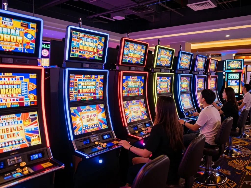 Players enjoying colorful IDNSCORE slot machines while celebrating big wins