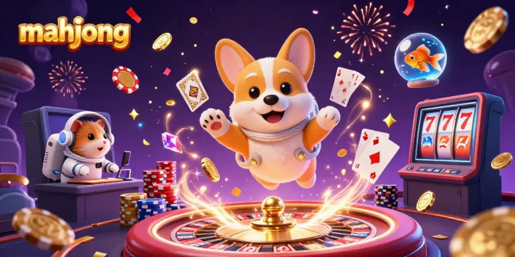 Permainan mahjong menarik dengan aspek kasino luar angkasa yang penuh warna dan ceria.