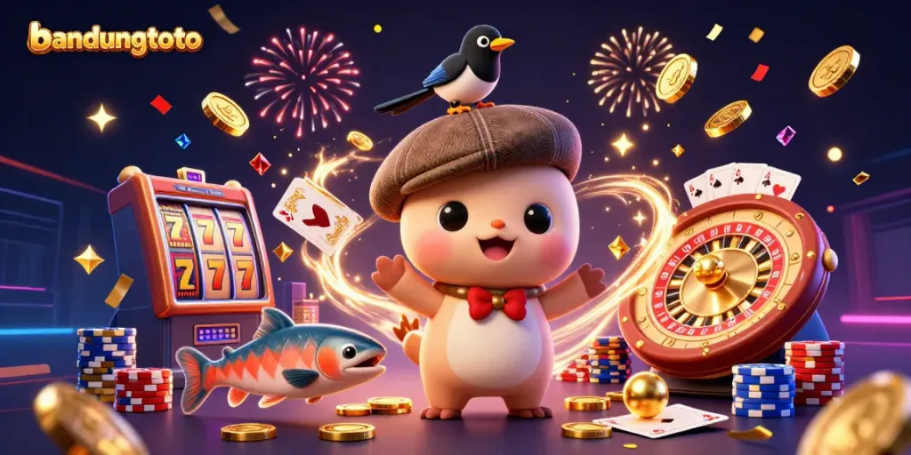 Experience the excitement of bandungtoto with vibrant casino-themed 3D illustration including characters and slot games.