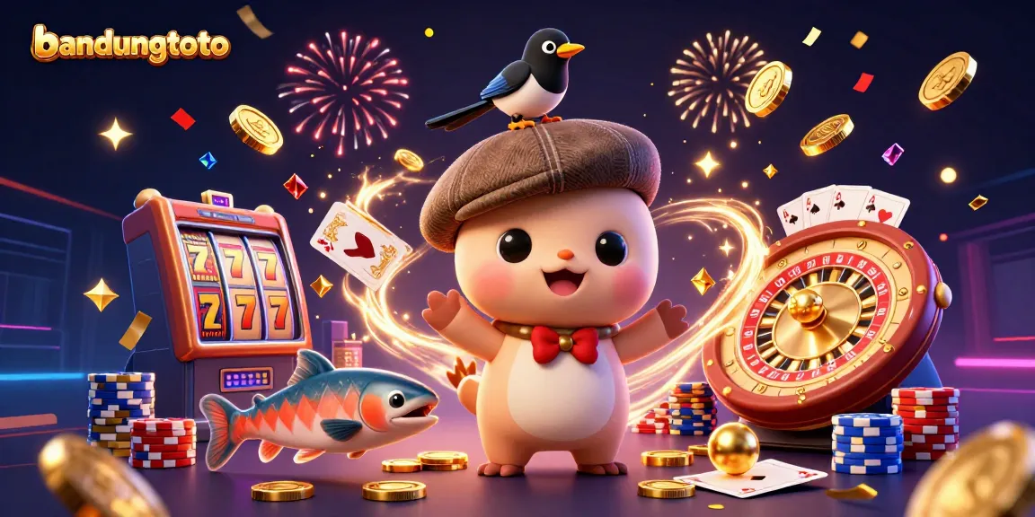Experience the excitement of bandungtoto with vibrant casino-themed 3D illustration including characters and slot games.