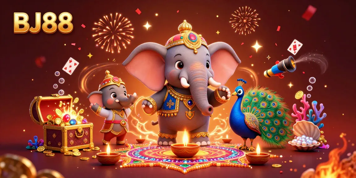 Experience exciting gameplay with BJ88 among a vibrant scene filled with festive characters and casino elements.