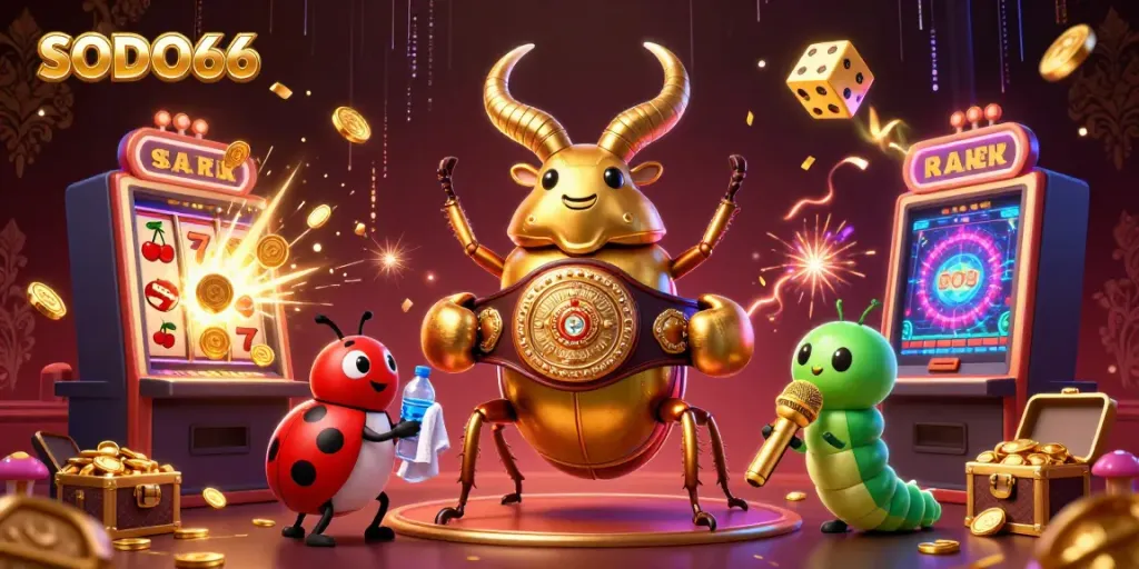 Experience the vibrant world of SODO66 with a lively 3D casino scene full of action and colorful characters.