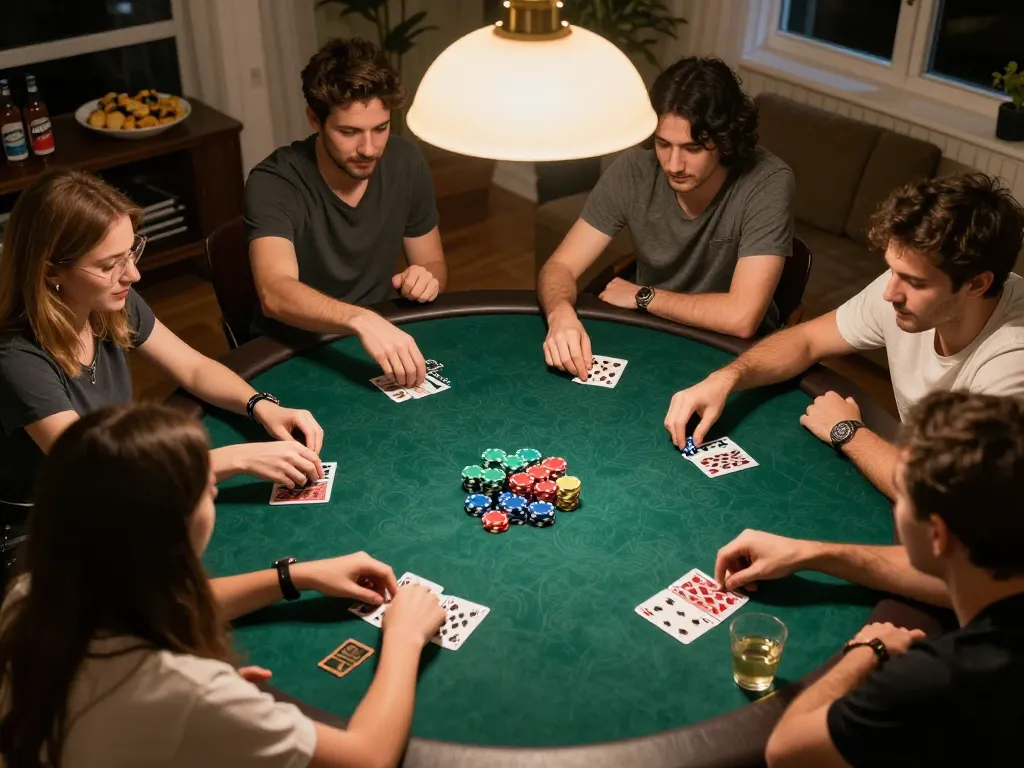 Playing poker with friends at home, focused on strategy for game go88