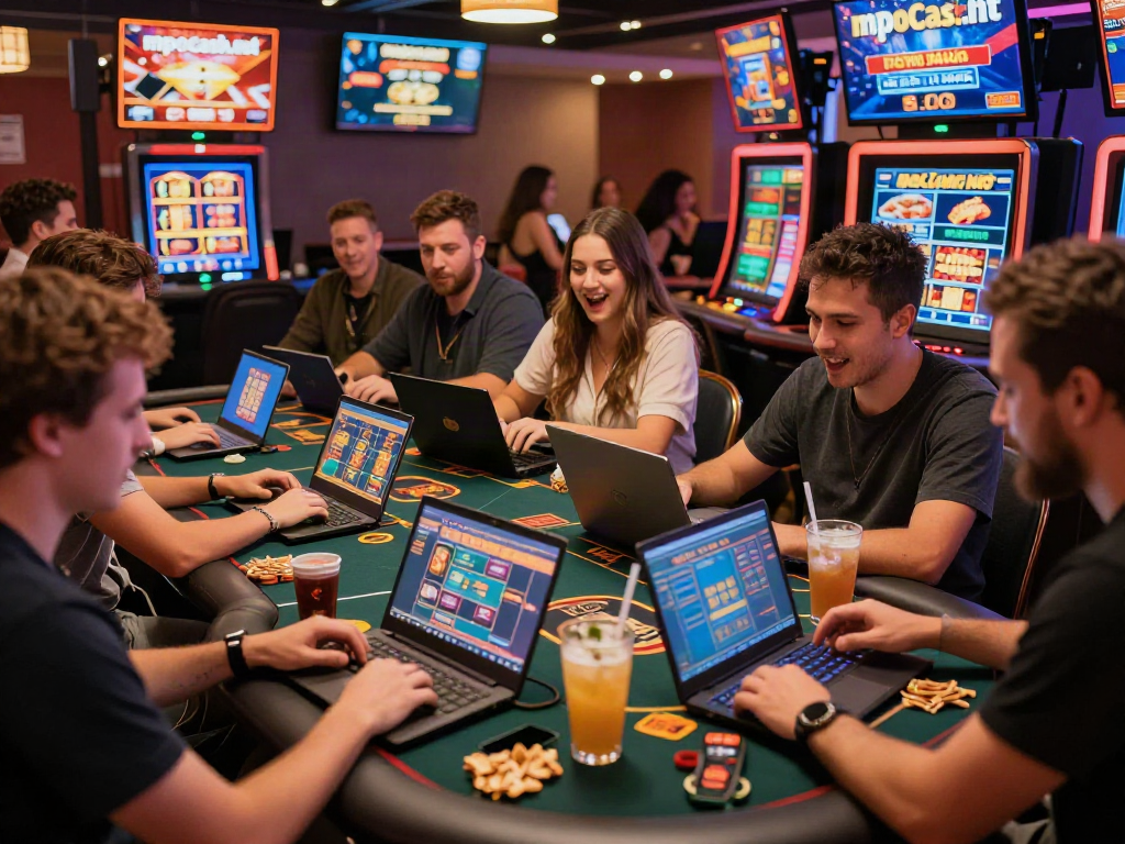 Exciting casino atmosphere with friends gaming online at mpocash.net, showcasing vibrant screens and lively engagement.