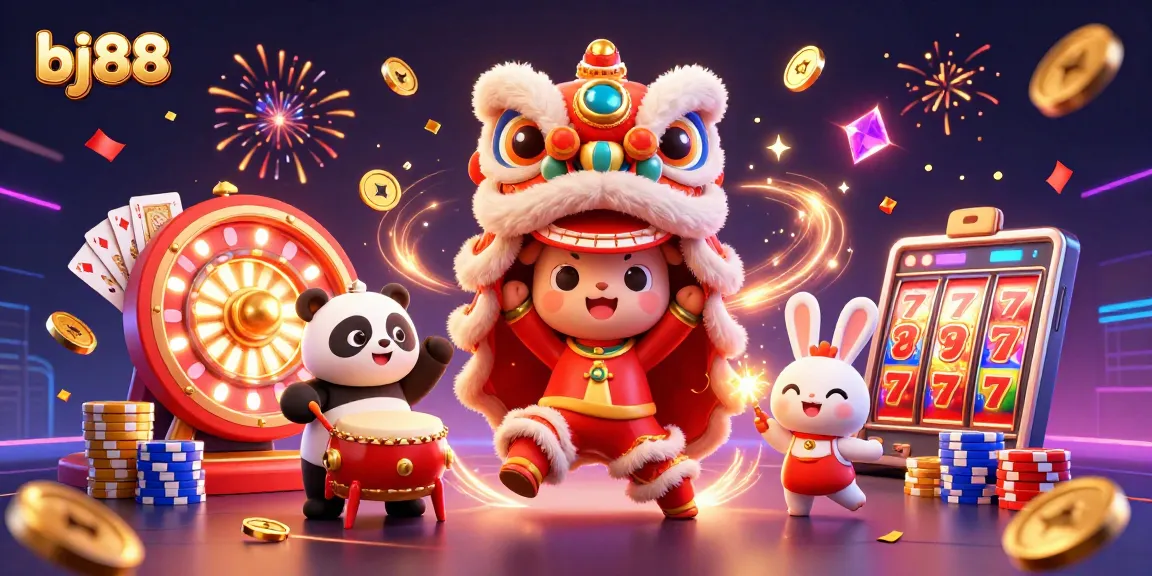 Experience thrilling action at bj88 with colorful characters, dynamic casino elements, and festive celebrations!