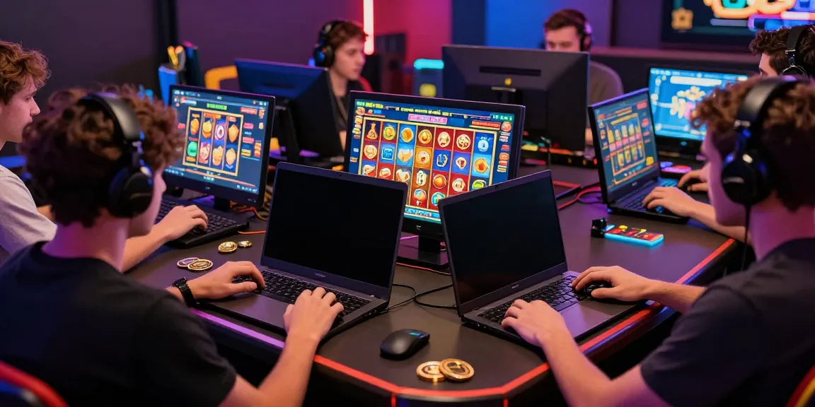 Players enjoying SLOT TOTO games in a lively gaming setup, showcasing modern technology and winning excitement.