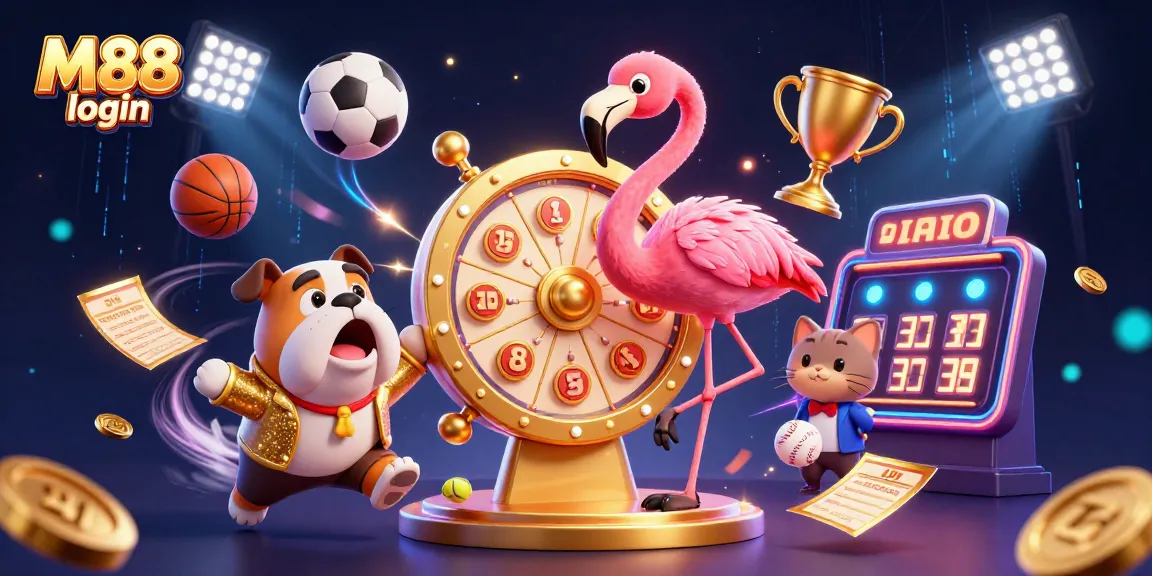 Engage in M88 login with our exciting gaming characters and dynamic sports elements in a vibrant casino scene.