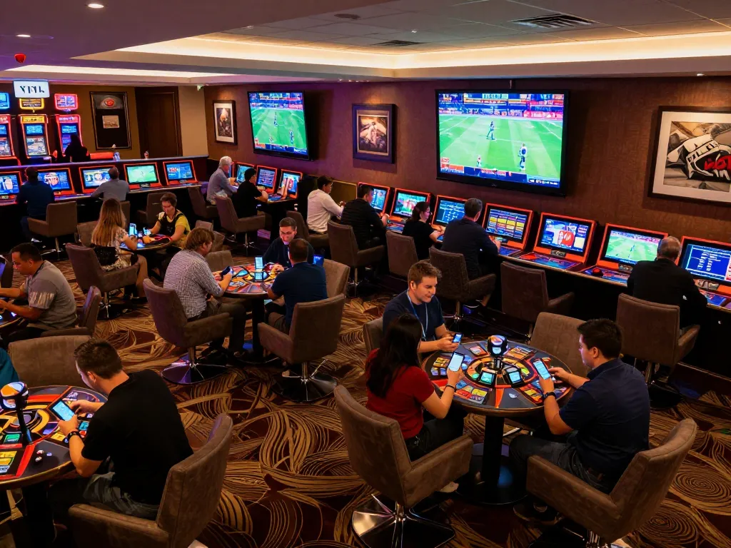 Tỷ Lệ Bóng Đá analysis happening in a luxury sports betting lounge with eager bettors