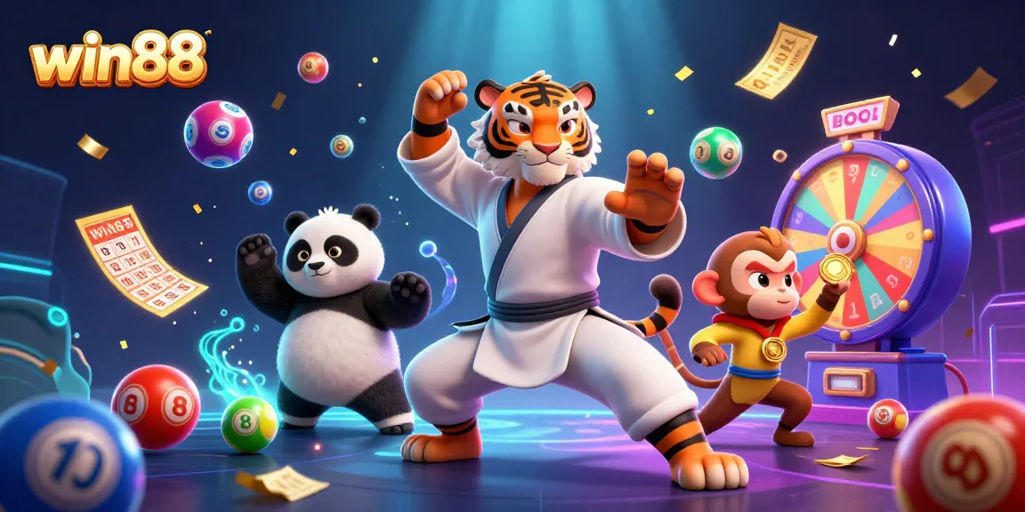 Engage with win88's thrilling games featuring a kung fu tiger master, vibrant lottery elements, and a playful monkey.
