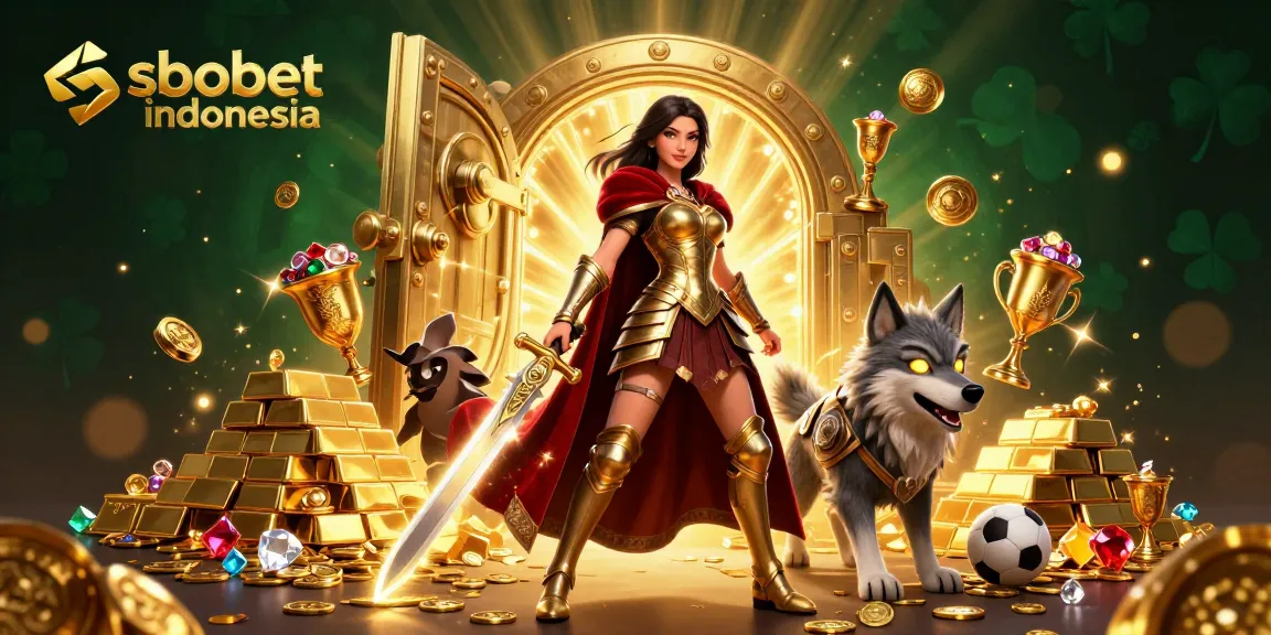 Engage with sbobet indonesia and witness a warrior queen in a casino-themed adventure, surrounded by treasures.