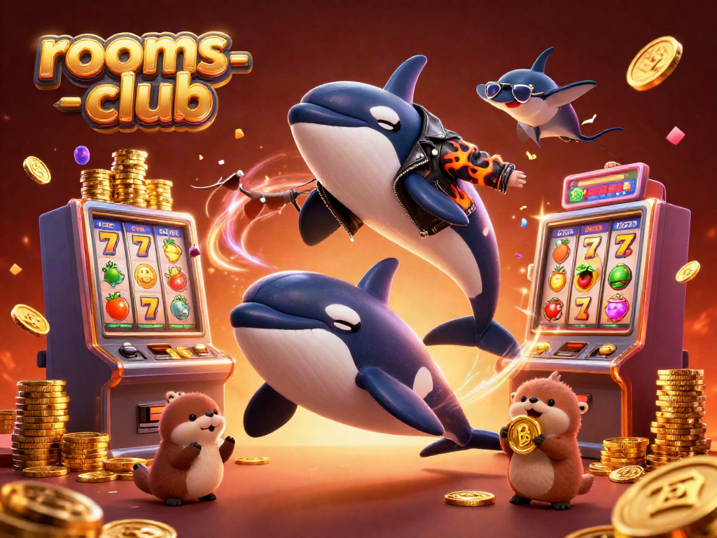 Permainan slot digital di rooms-club menampilkan paus kartun 3D dan otter, mengumpulkan koin emas di latar belakang ceria.