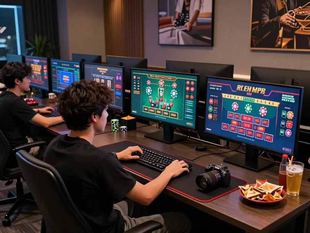 Person engaging in online gambling at a high-tech gaming setup featuring vipwin's live casino games